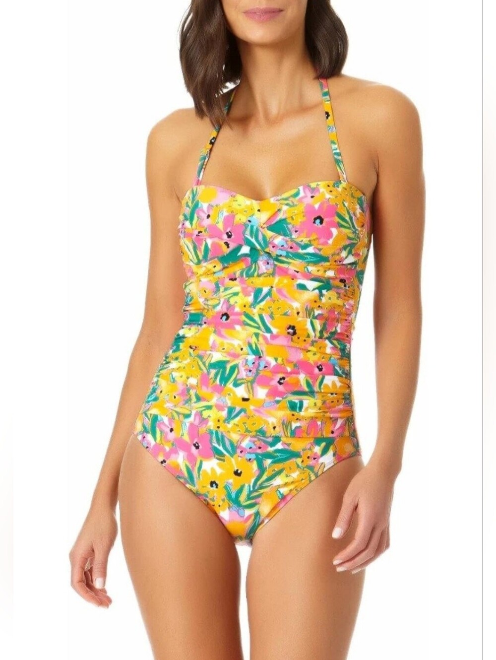 Anne Cole Sunshine Floral Twist-Front Halter Tropical Swimsuit Resortwear Sz 8